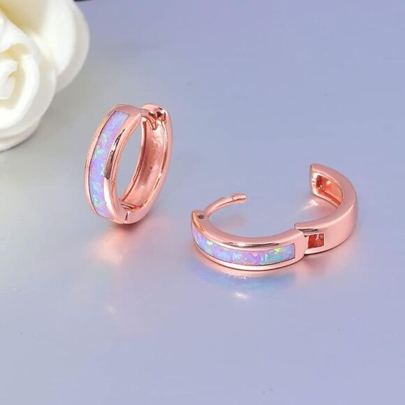 14K Rose Gold with Genuine Pink Fire Opal Huggie Hoop Snap Hinge Earrings - Picture 3 of 4
